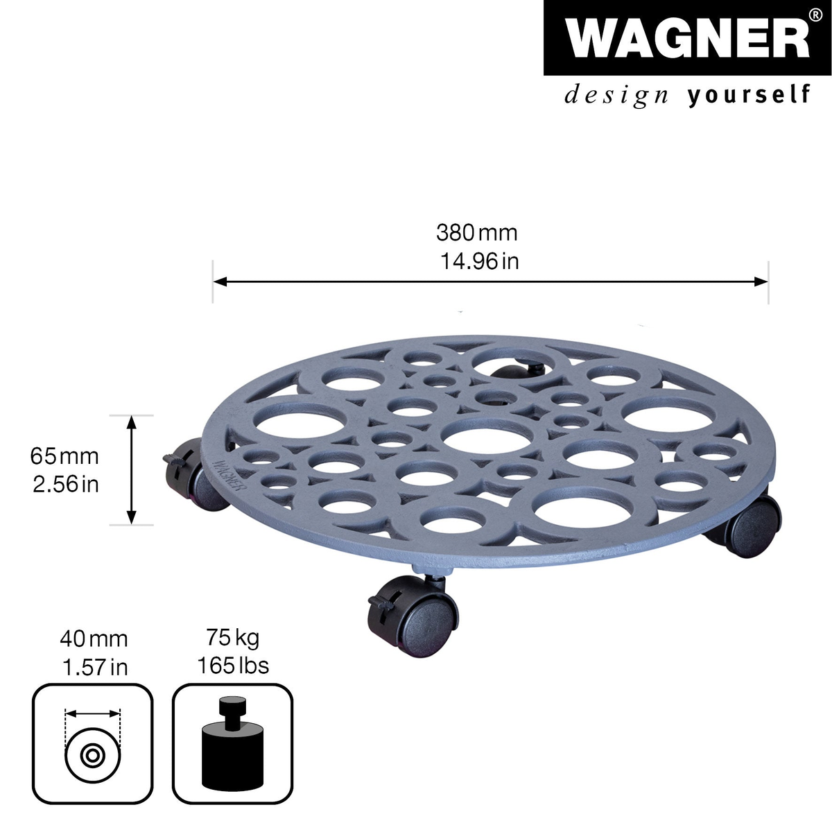 15&quot; pewter round cast iron plant caddy with brakes and dual-wheel casters for indoor/outdoor use.