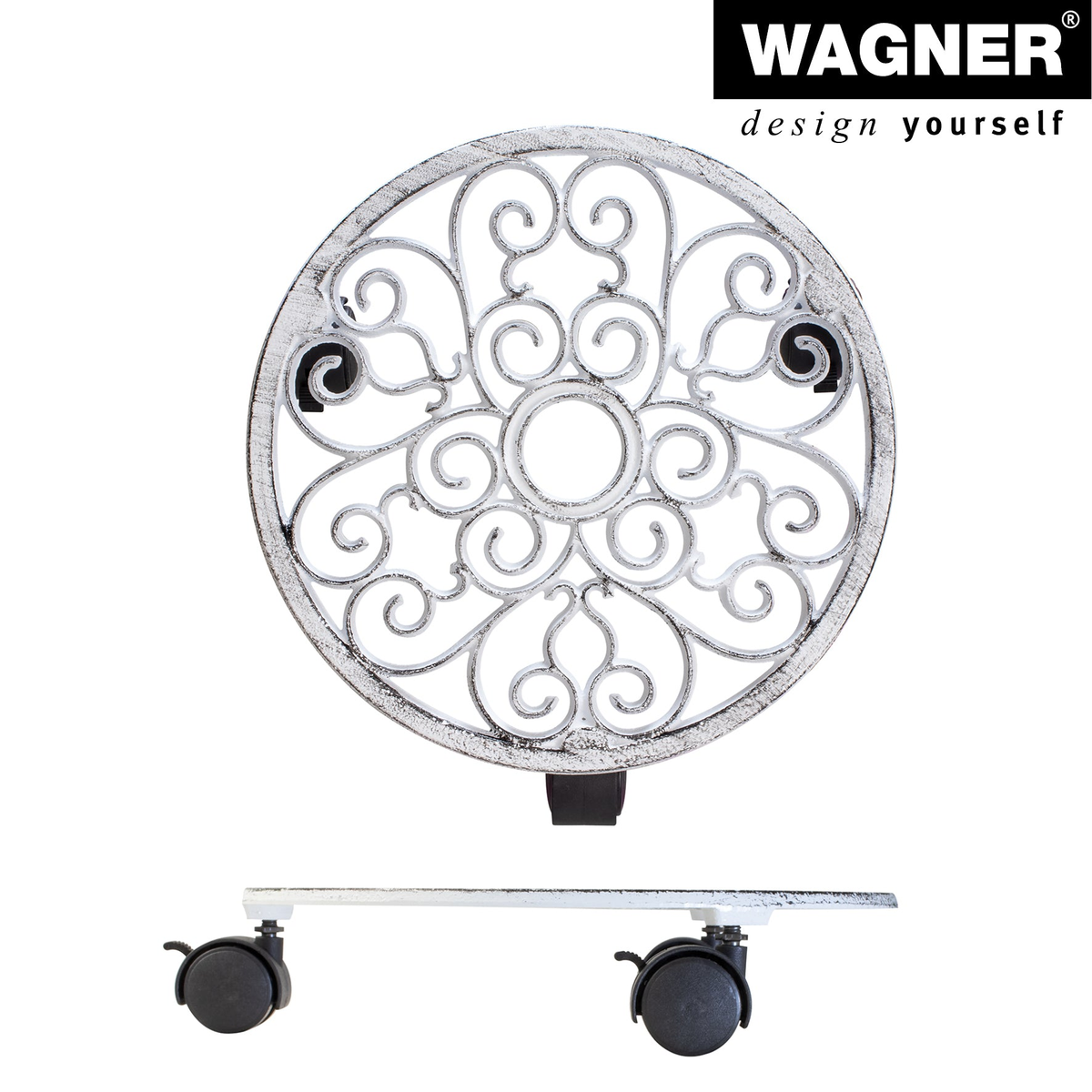 11.4&quot; white round cast iron plant caddy with brakes by Wagner, indoor/outdoor use.