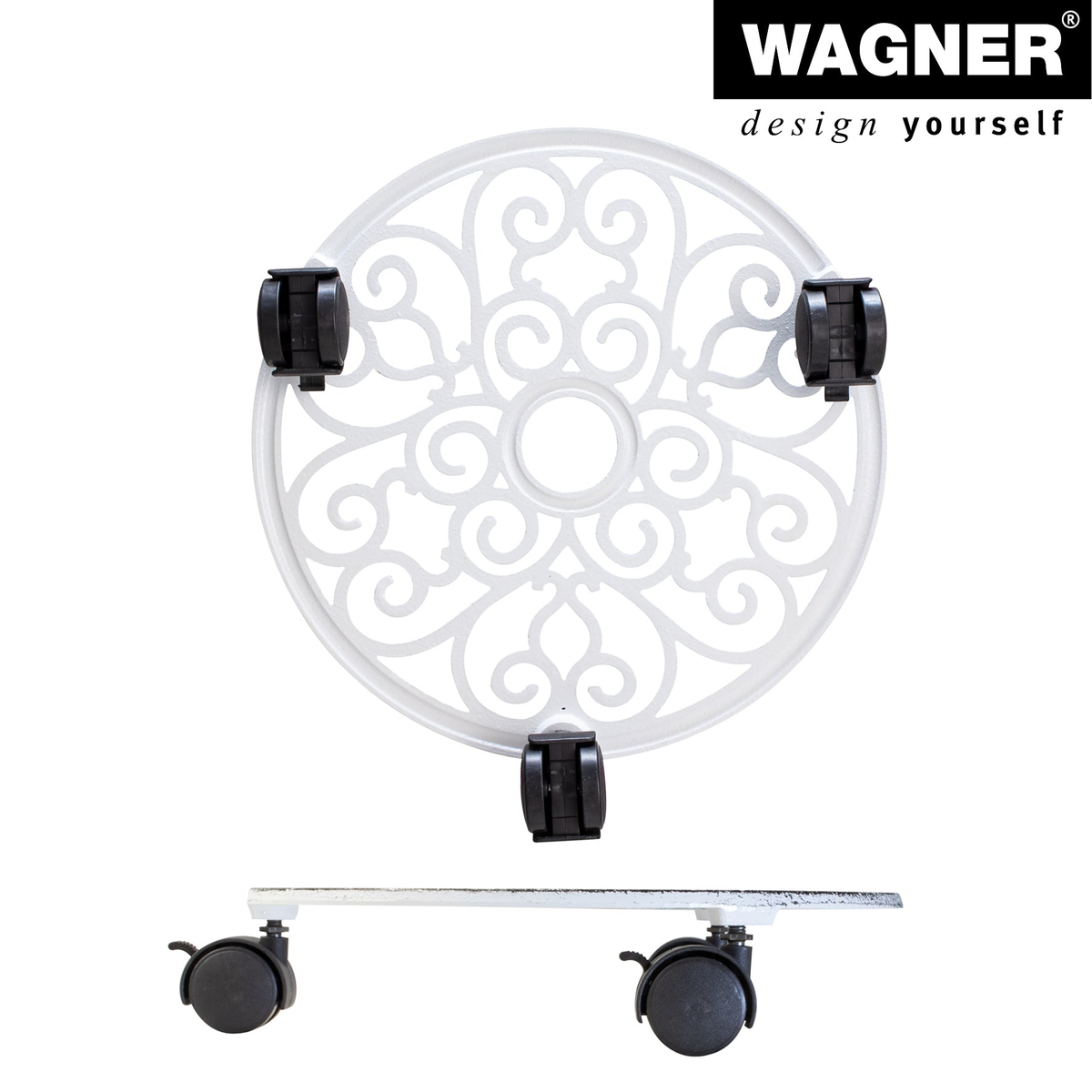 11.4&quot; white round cast iron plant caddy with brakes, indoor/outdoor use, durable design by Wagner.