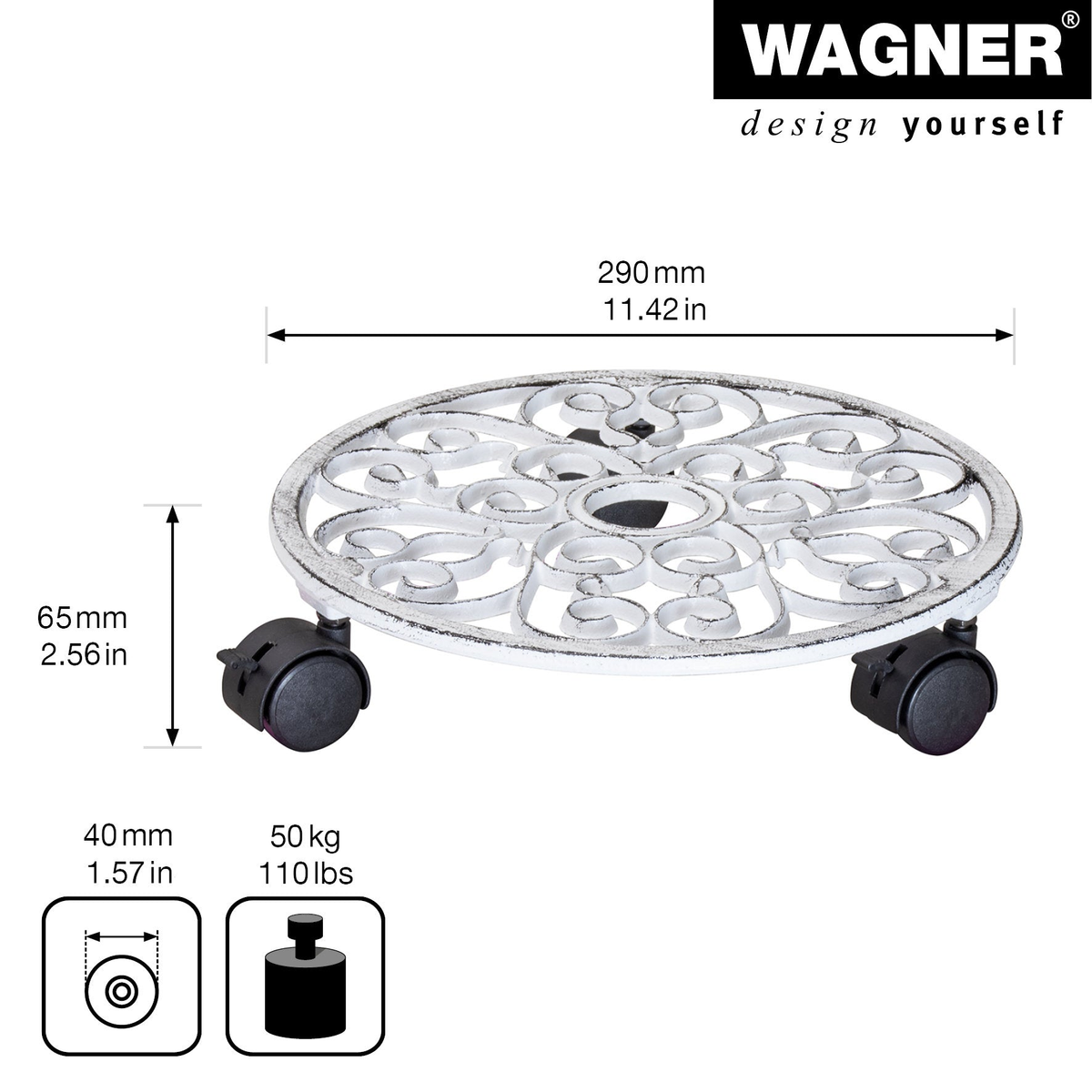 11.4&quot; white round cast iron plant caddy with brakes, durable indoor/outdoor use, smooth dual-wheel casters, supports 110 lbs.