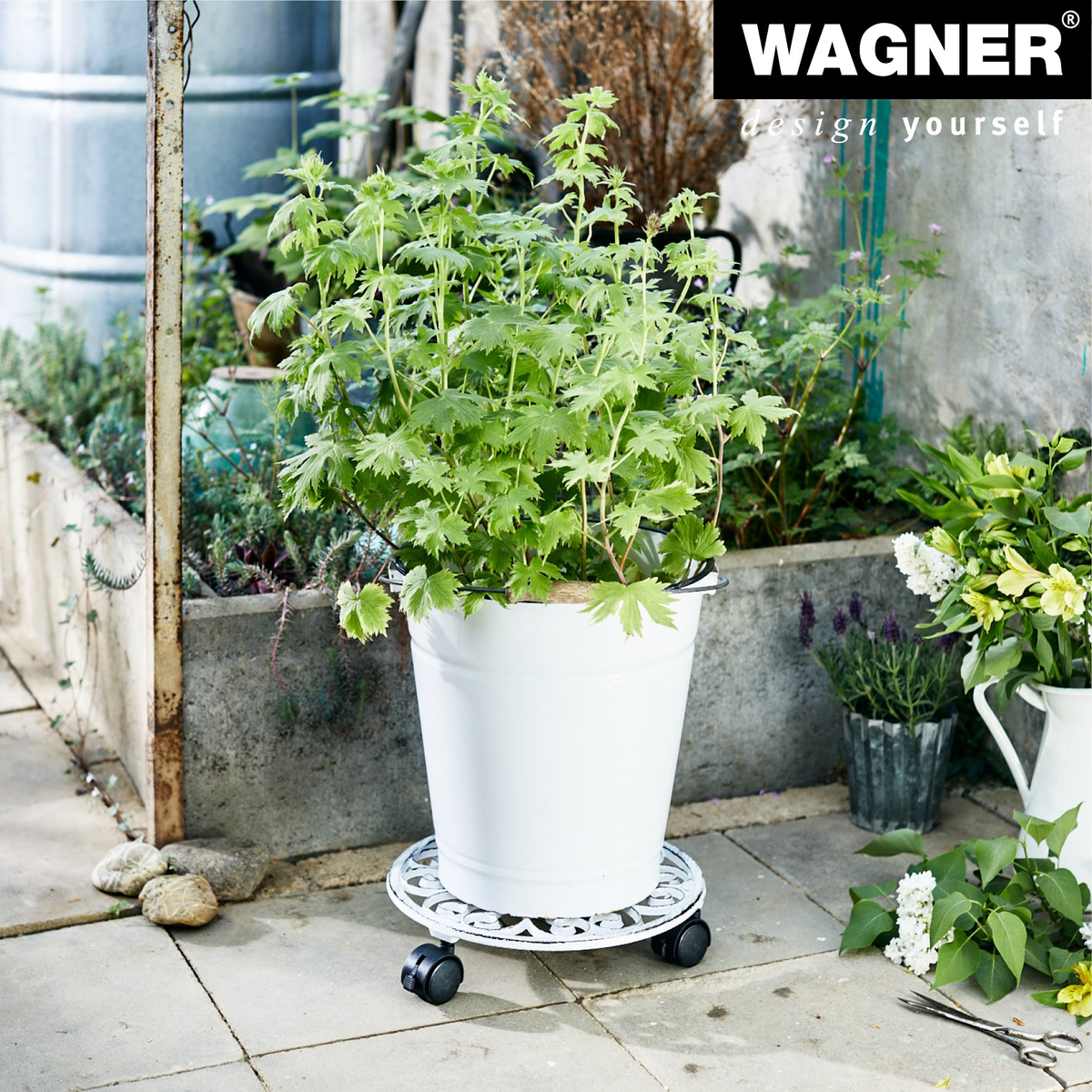 11.4&quot; white round cast iron plant caddy with brakes, indoor/outdoor use, supports 110 lbs, water-resistant finish.