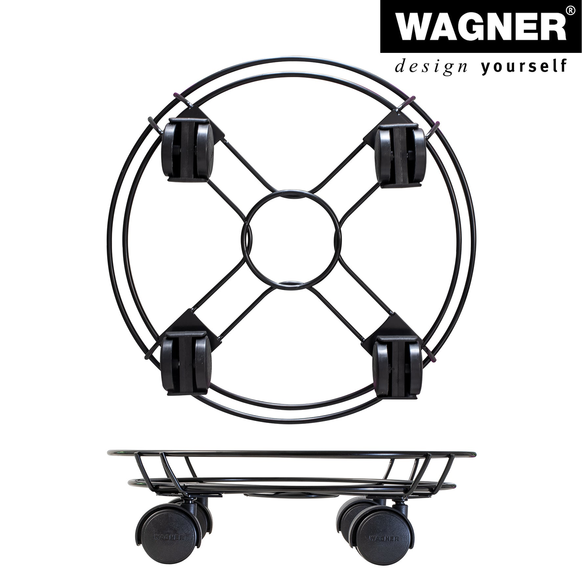 8&quot; black round wire plant caddy with twin wheel casters.