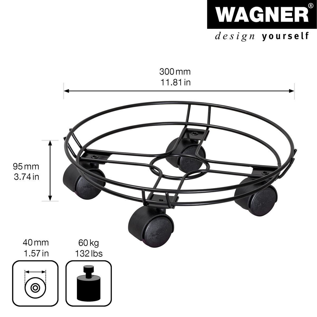 11.8&quot; black round wire indoor plant caddy with twin wheel casters, supports up to 132 pounds.