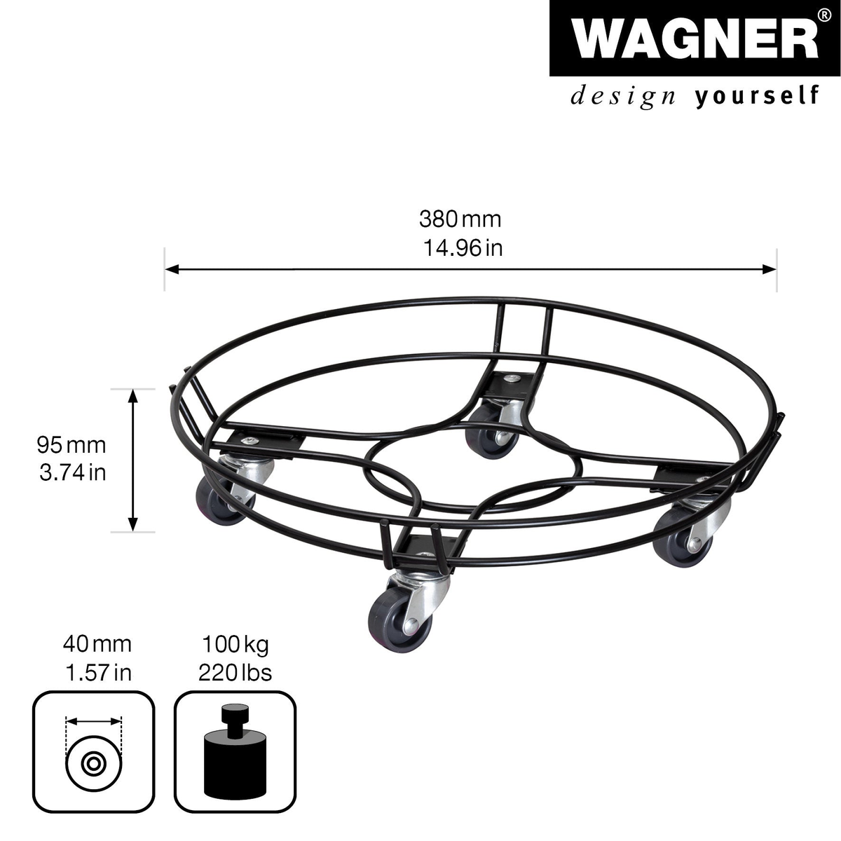 15&quot; Black Round Steel Wire Indoor Plant Caddy with caster wheels and double ring edge for secure indoor use.