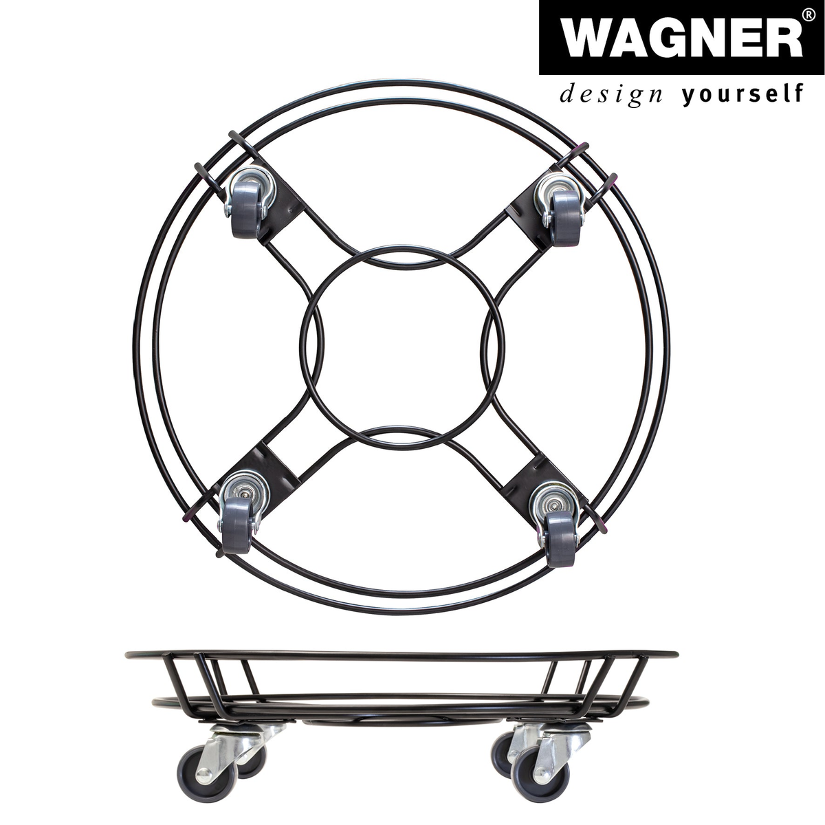 15&quot; black round steel wire indoor plant caddy with caster wheels, designed by Wagner for effortless plant mobility.