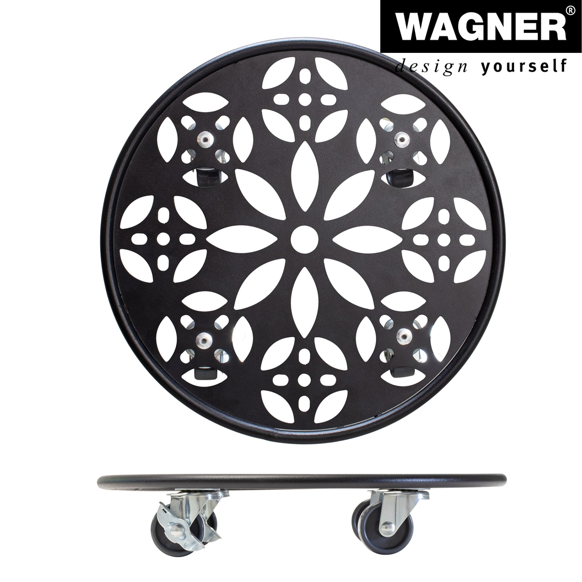 11.8&quot; black steel plant caddy with floral design, dual-wheel casters, and brakes for indoor/outdoor use.