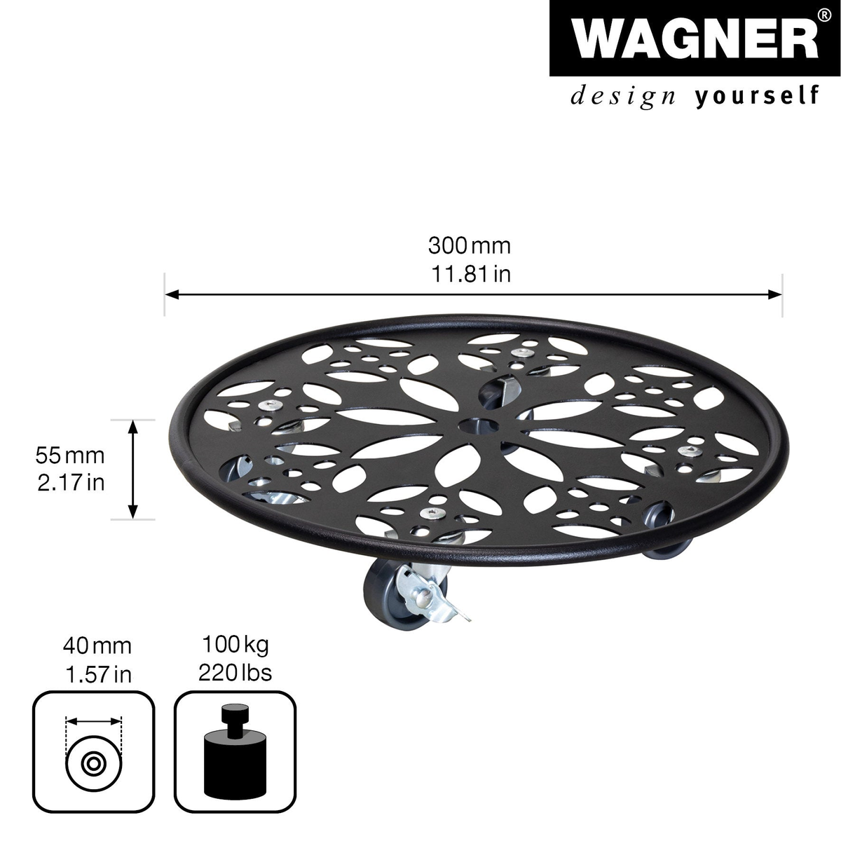 11.8-inch black steel plant caddy with floral design and caster brakes for indoor/outdoor use.