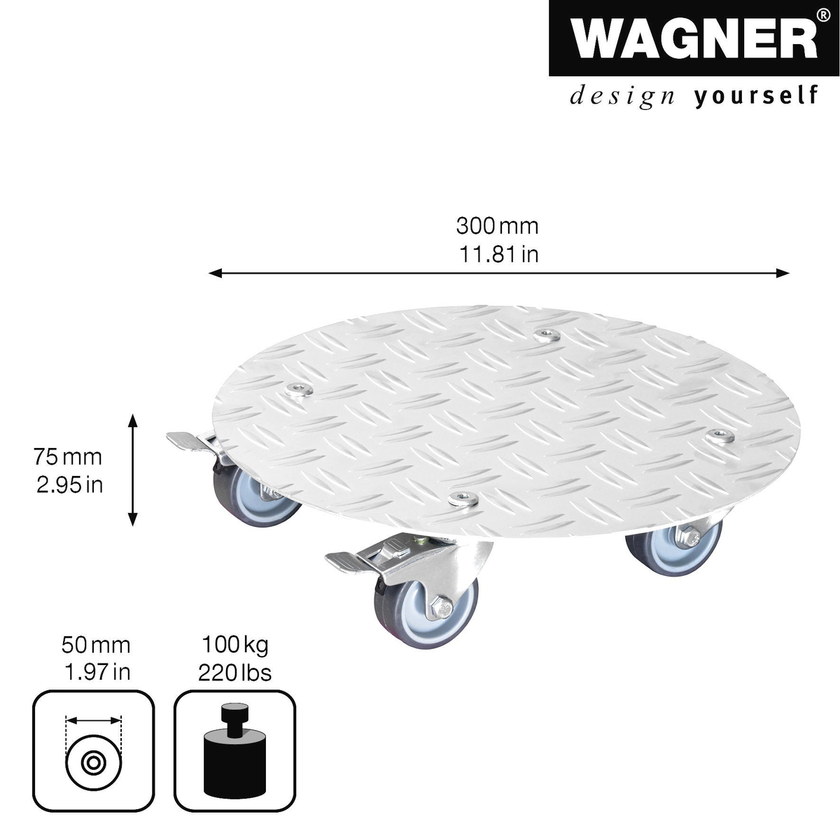 11.8&quot; silver diamond plated aluminum plant caddy with brakes, indoor/outdoor use, supports 220 lbs, Wagner design.