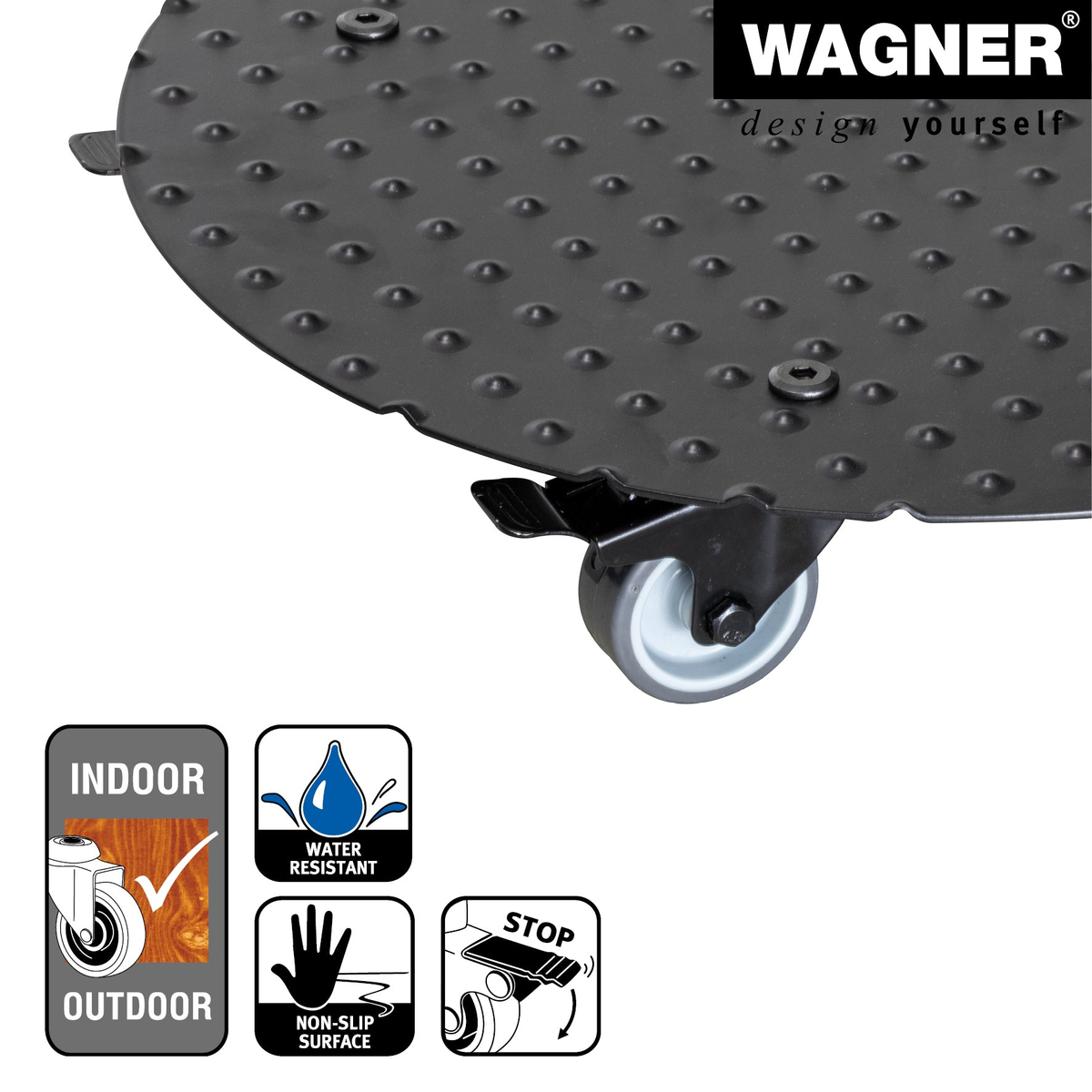 15&quot; Black Round Aluminum Plant Caddy with Brakes from Wagner, featuring durable diamond plated aluminum and soft protective casters.