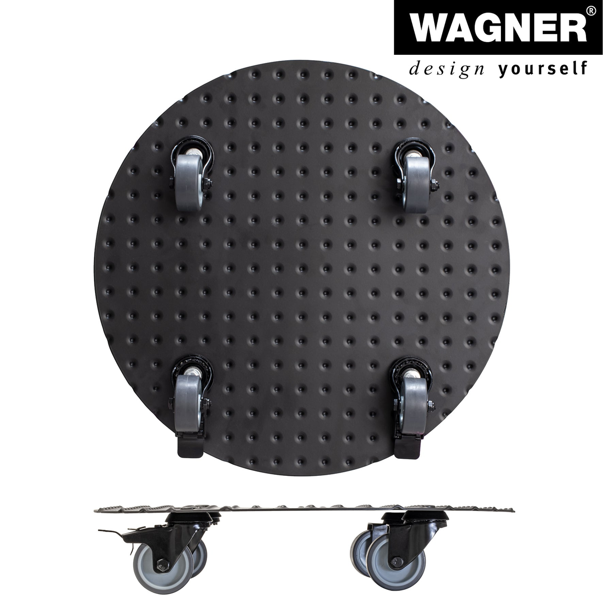 15&quot; black round aluminum plant caddy with brakes, durable rust-free design, by Wagner.