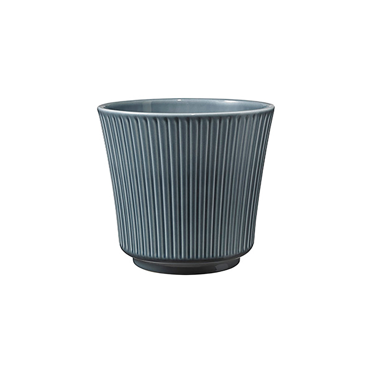 Blue-gray ceramic plant pot with a shiny finish, part of a 4-piece indoor set, made from natural native clay in Germany.