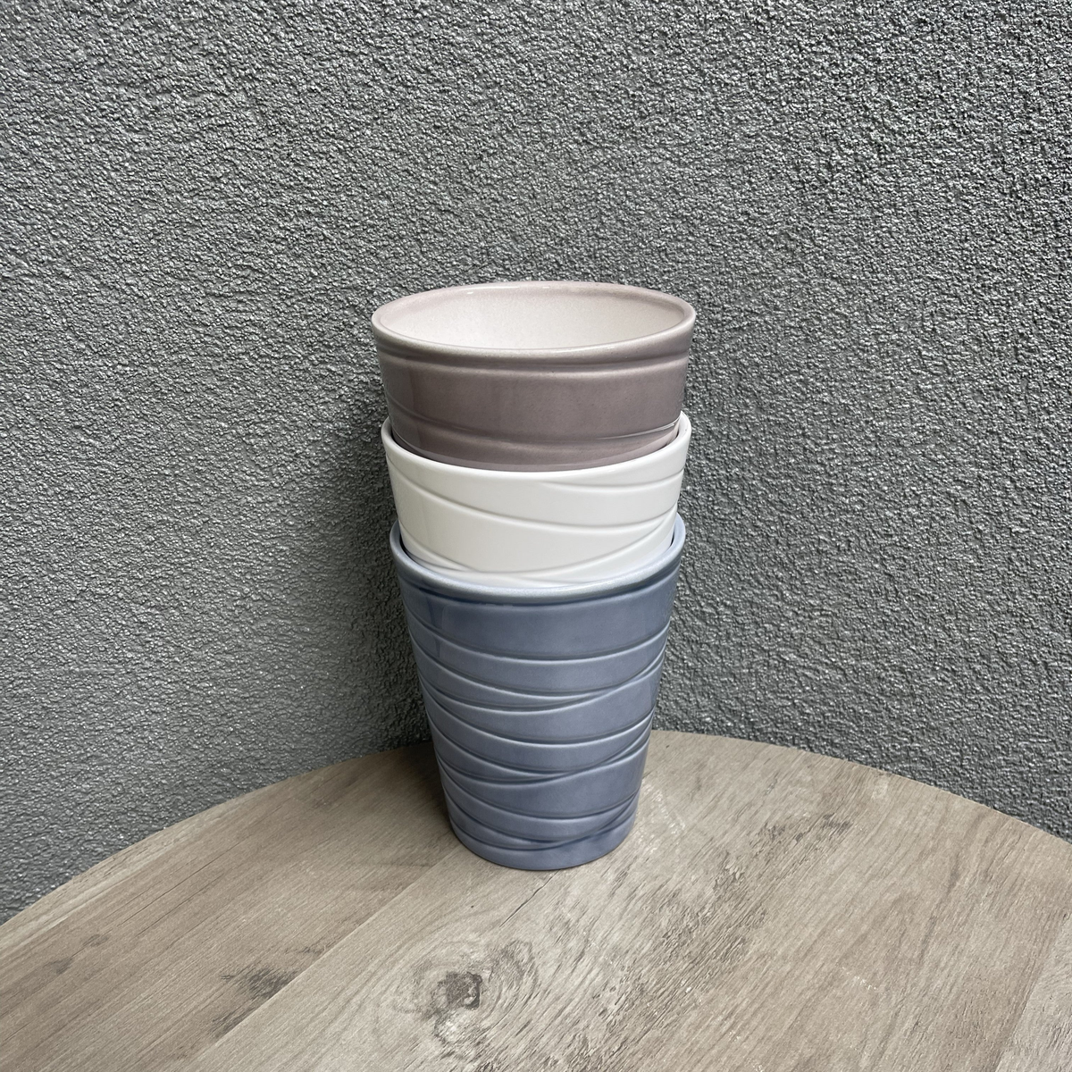 3-piece indoor ceramic orchid plant pot set in white, blue-gray, and warm-gray, 5.1&quot; diameter, shiny finish.