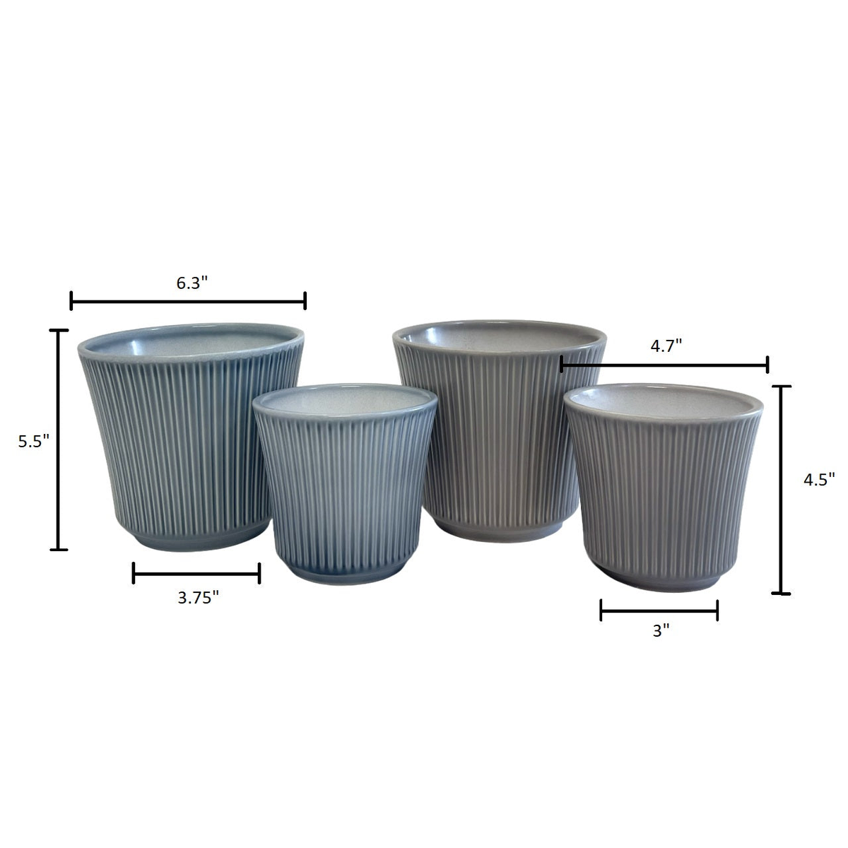 4-Piece Indoor Ceramic Plant Pot Set, Blue-Gray and Warm-Gray, 6.3&quot; and 4.7&quot; Diameter, Natural Clay, Shiny Finish