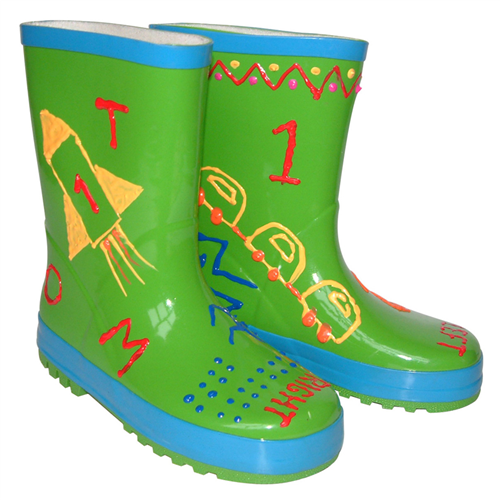 Little Pals Paint Your Own Wellies Rain Boots Green with Blue Trim Kids US Size 9.5 - Garden Your Way 