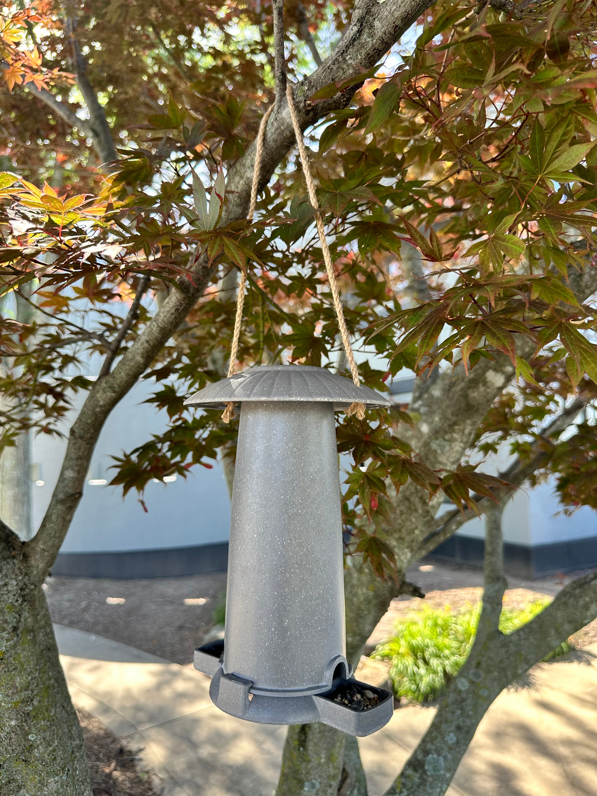 Sustainable straw seed feeder for birds hanging on a tree, suitable for outdoor use.