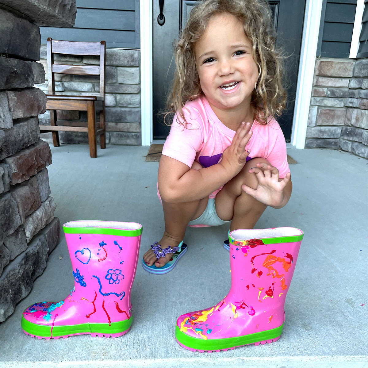 Little Pals Paint Your Own Wellies Rain Boots, Pink with Green Trim, Kids US Size 9.5 - Garden Your Way 