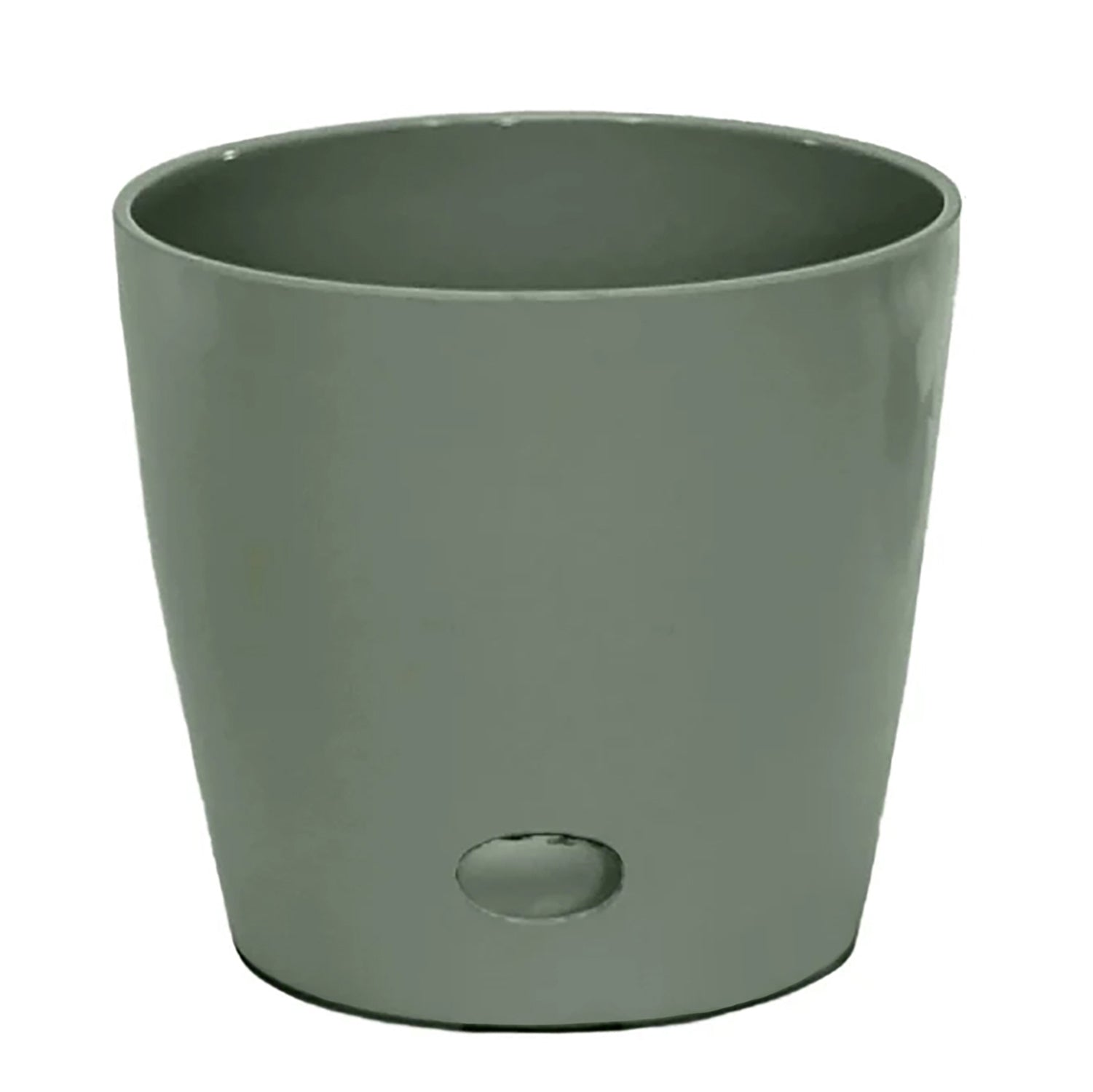 10" sage green round bamboo self-watering plant pot, eco-friendly and biodegradable.