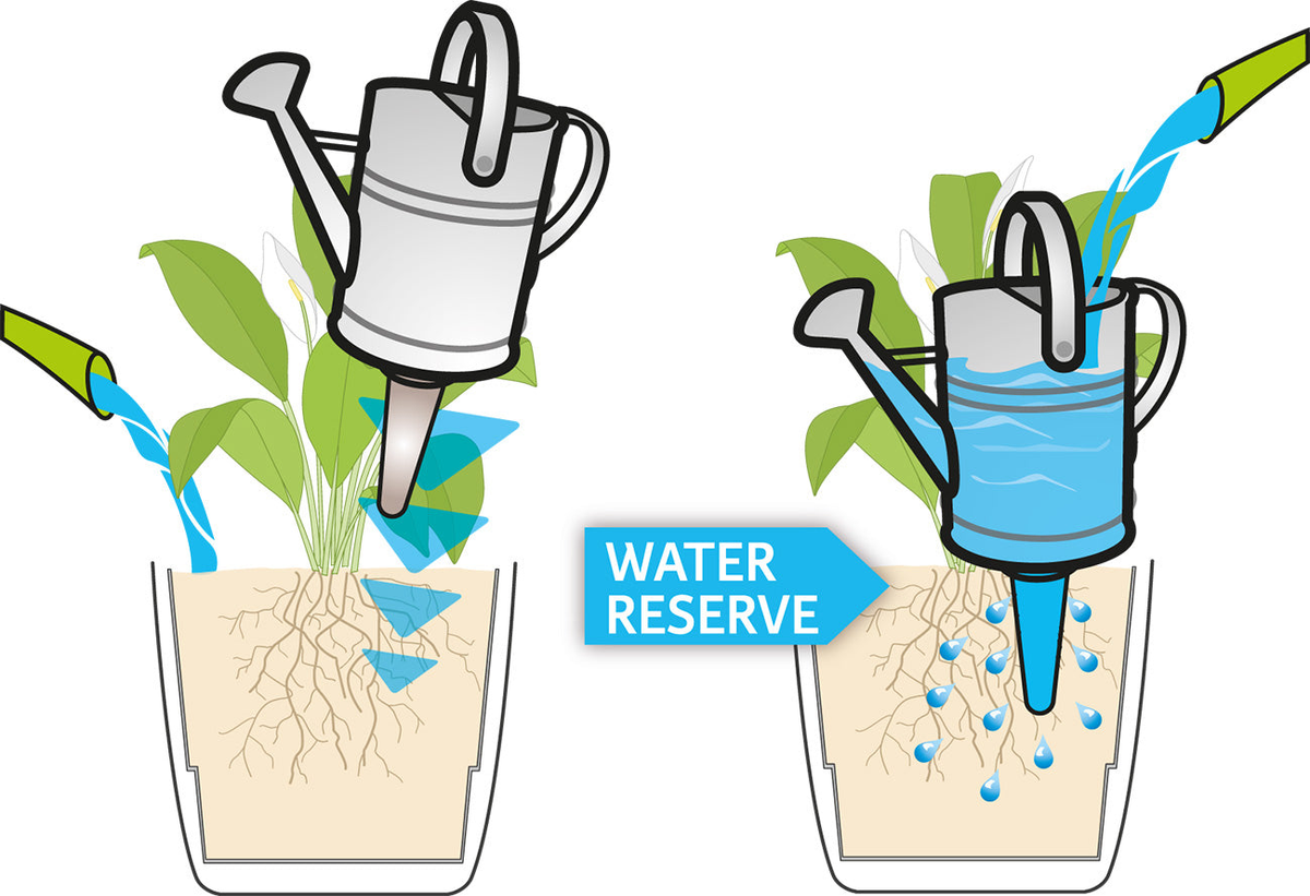 Diagram illustrating the Green Nelly Water Reserve, showing watering process and gradual moisture release for plants.