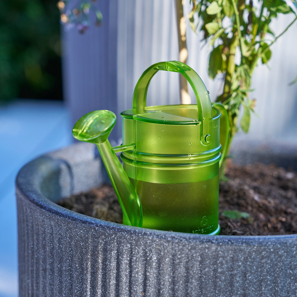 Green Nelly Water Reserve in a garden setting, UV-resistant translucent plastic, water reservoir for plants.