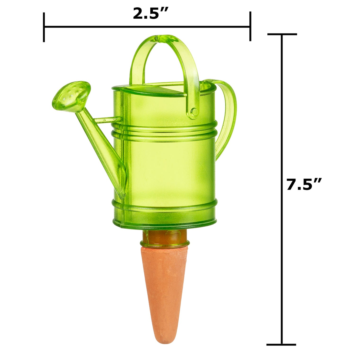 5 oz. Green Nelly Water Reserve, UV-resistant translucent plastic watering device, slow-release clay tip, 2.5 inches wide and deep, 6.5 inches tall, plant water reservoir.