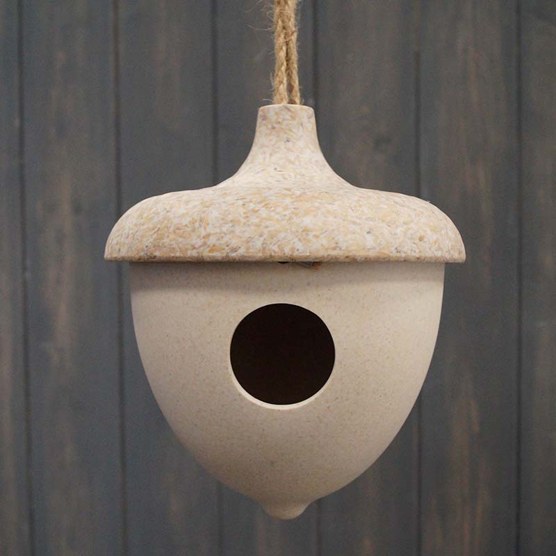 Hanging acorn birdhouse made from chaff and bamboo, 6.3&quot; diameter, part of Earthy Sustainable line.