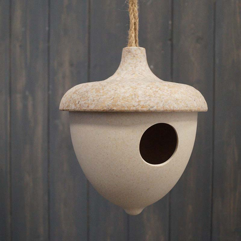 7.4&quot; Hanging Acorn Birdhouse made from chaff and bamboo, eco-friendly design, indoor and outdoor use.