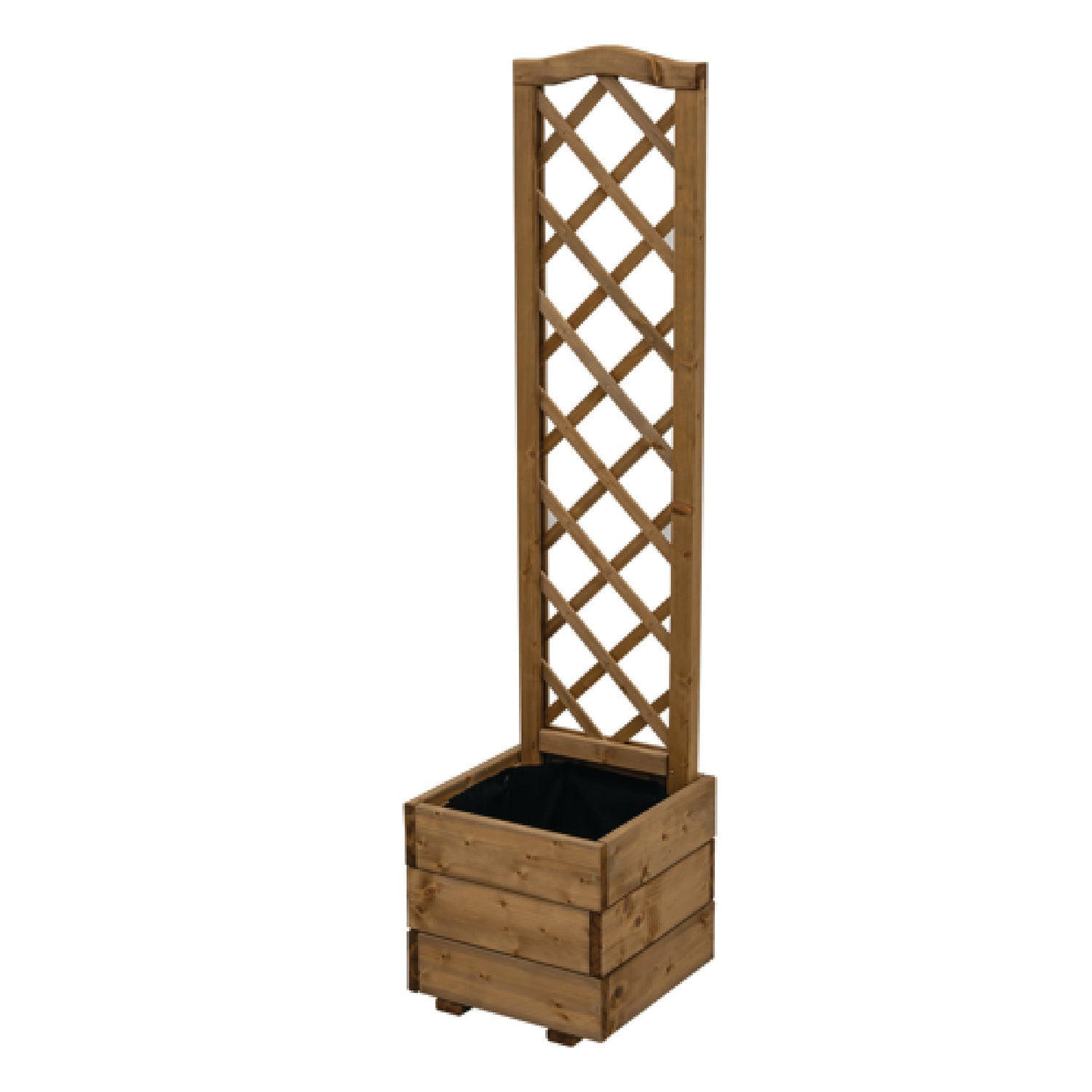 Wooden flower box with scalloped trellis, diamond design, FSC-certified timber, 12.6"L x 12.6"W x 52.8"H.