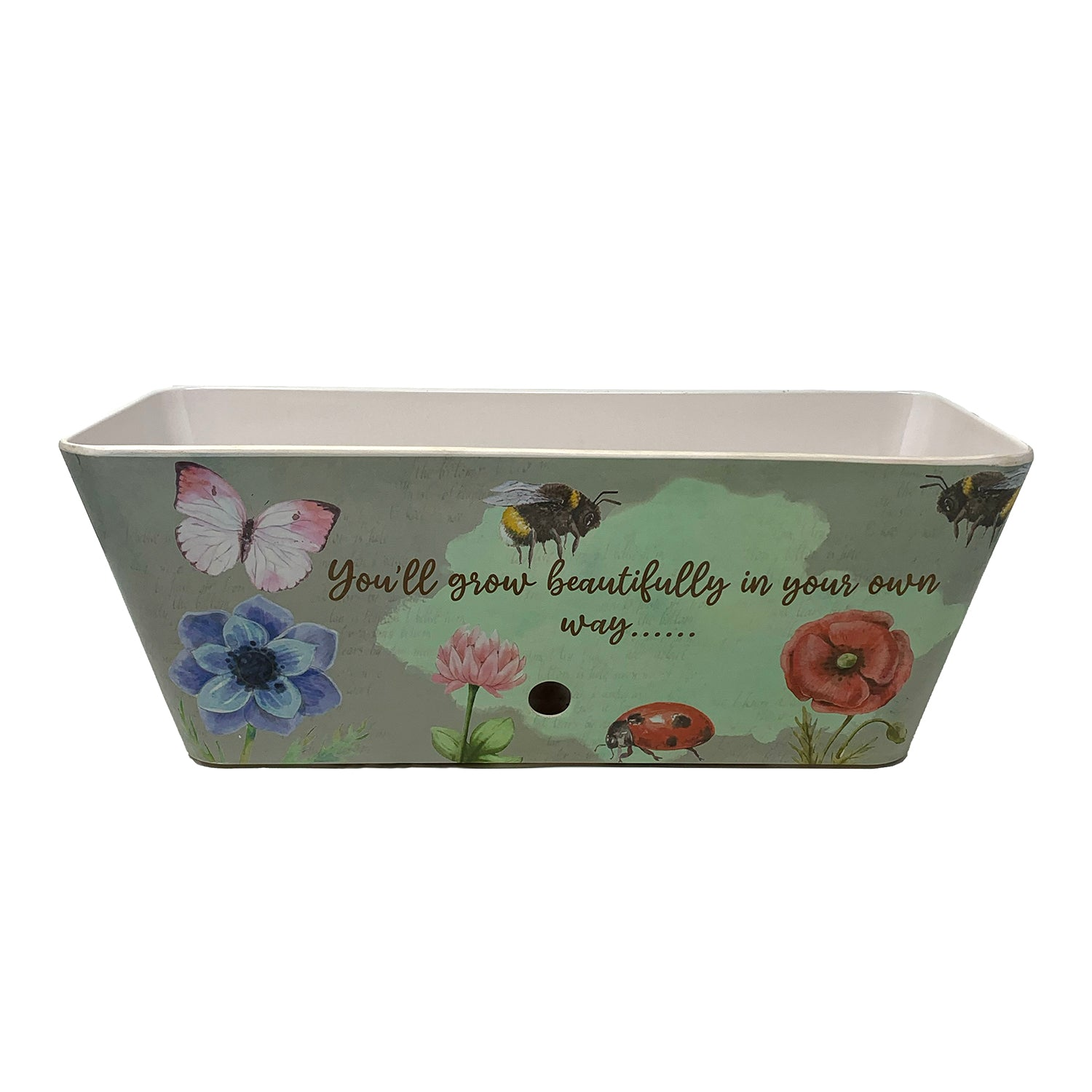 16" rectangular bamboo self-watering planter with floral design, eco-friendly and biodegradable.