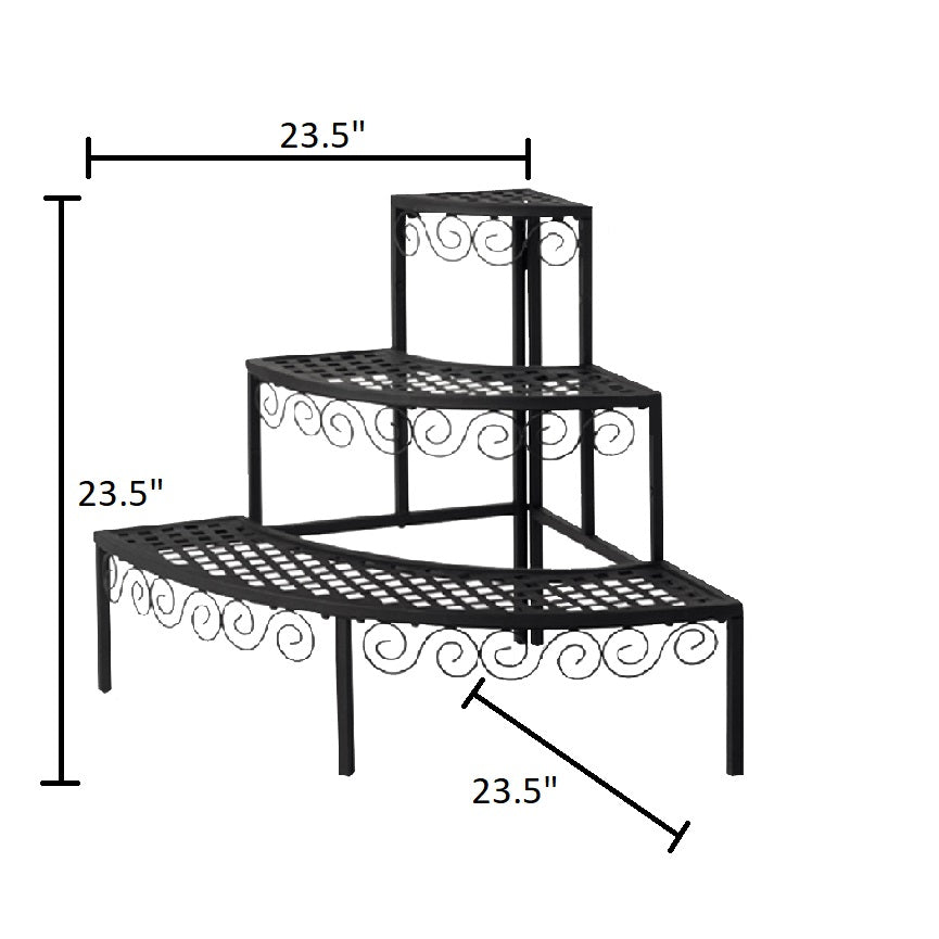 Three-tier end cap plant stand with scrollwork design, black powder-coated tubular steel, dimensions 23.5&quot;W x 23.5&quot;D x 23.5&quot;H.