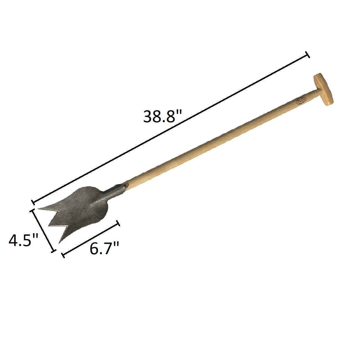 DeWit Tulip Spade with long T-handle, 38.8&quot; length, durable boron steel, sharp three-point blade for tough soil.