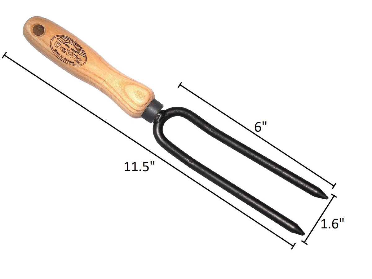 DeWit 2 Prong Weeding Fork with 6&quot; head and ash handle, ideal for deep taproots.