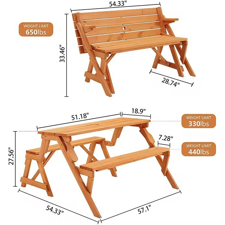 2 in 1 Convertible Picnic Table/Bench 54.33&quot;L x 57.1&quot;W x 27.56&quot;H