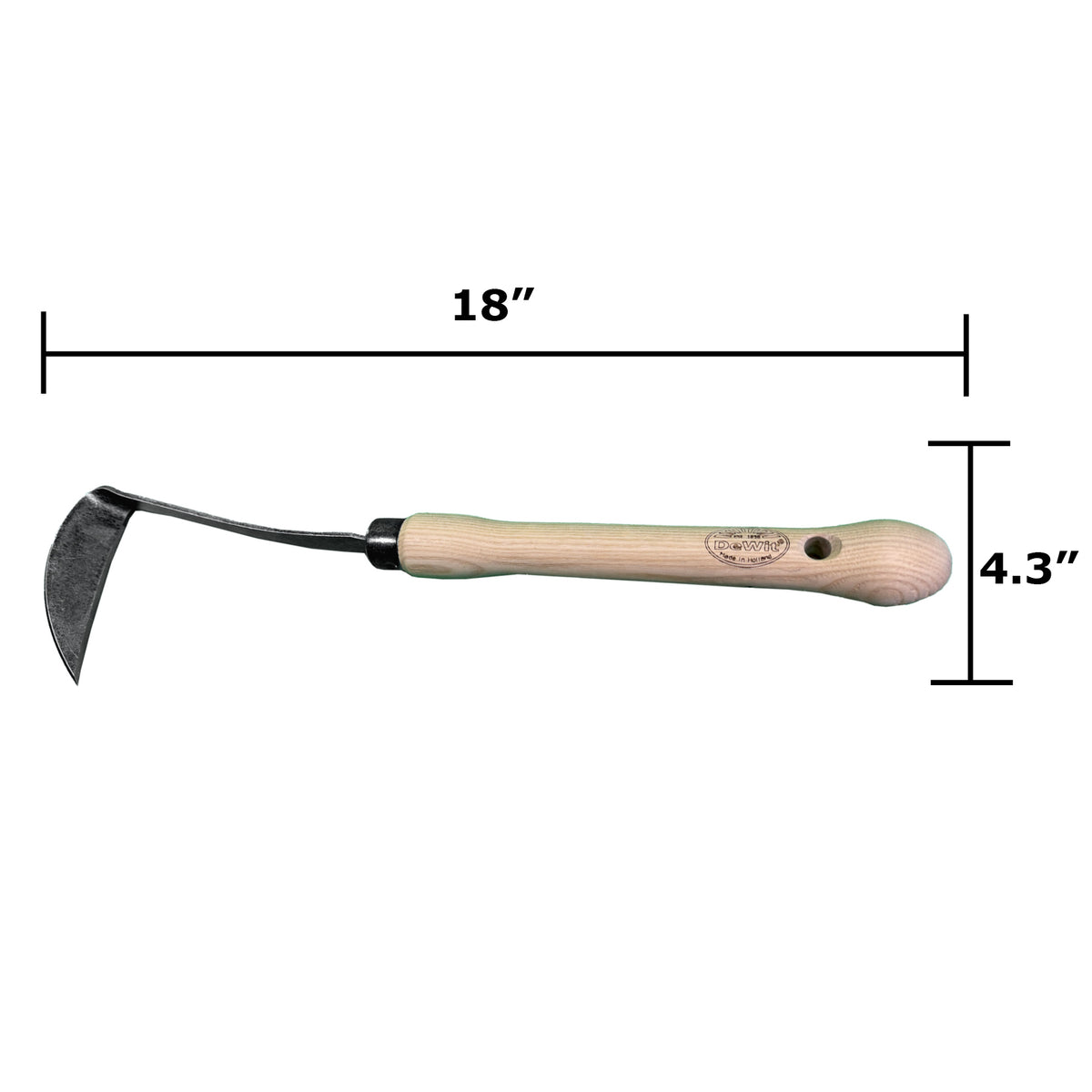 DeWit Japanese Hand Hoe Right Hand with Midsize 10&quot; Handle, Head: 5.5&quot;L x 4.25&quot;W: Total 18&quot;L