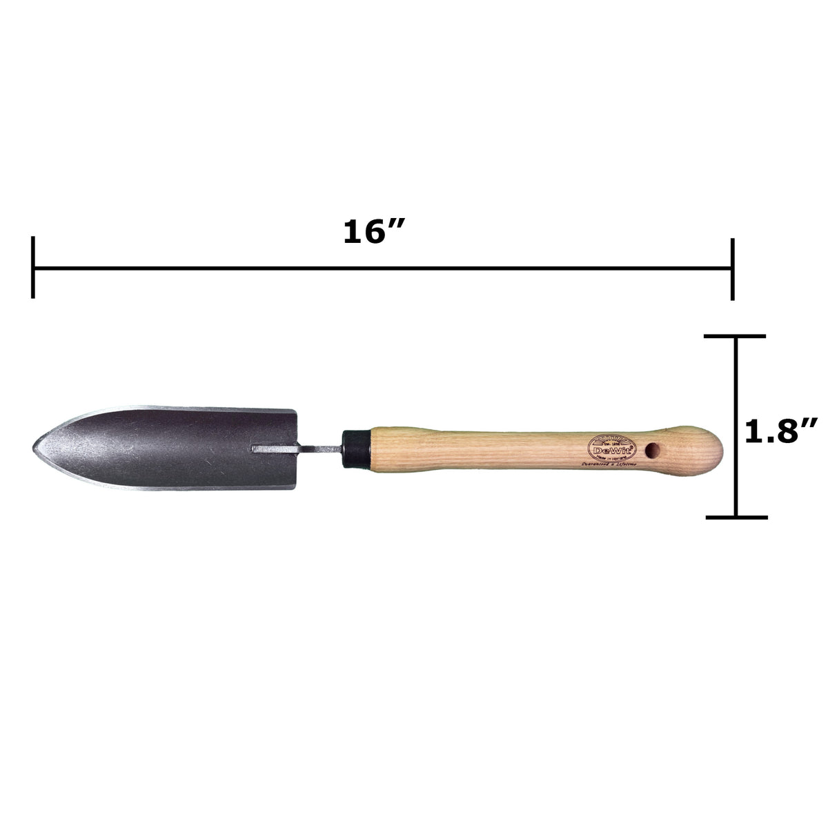 DeWit Welldone Transplanter Trowel with Midsize 10&quot; Handle, Head: 7&quot;L x 1.75&quot;W; Total: 16&quot;L