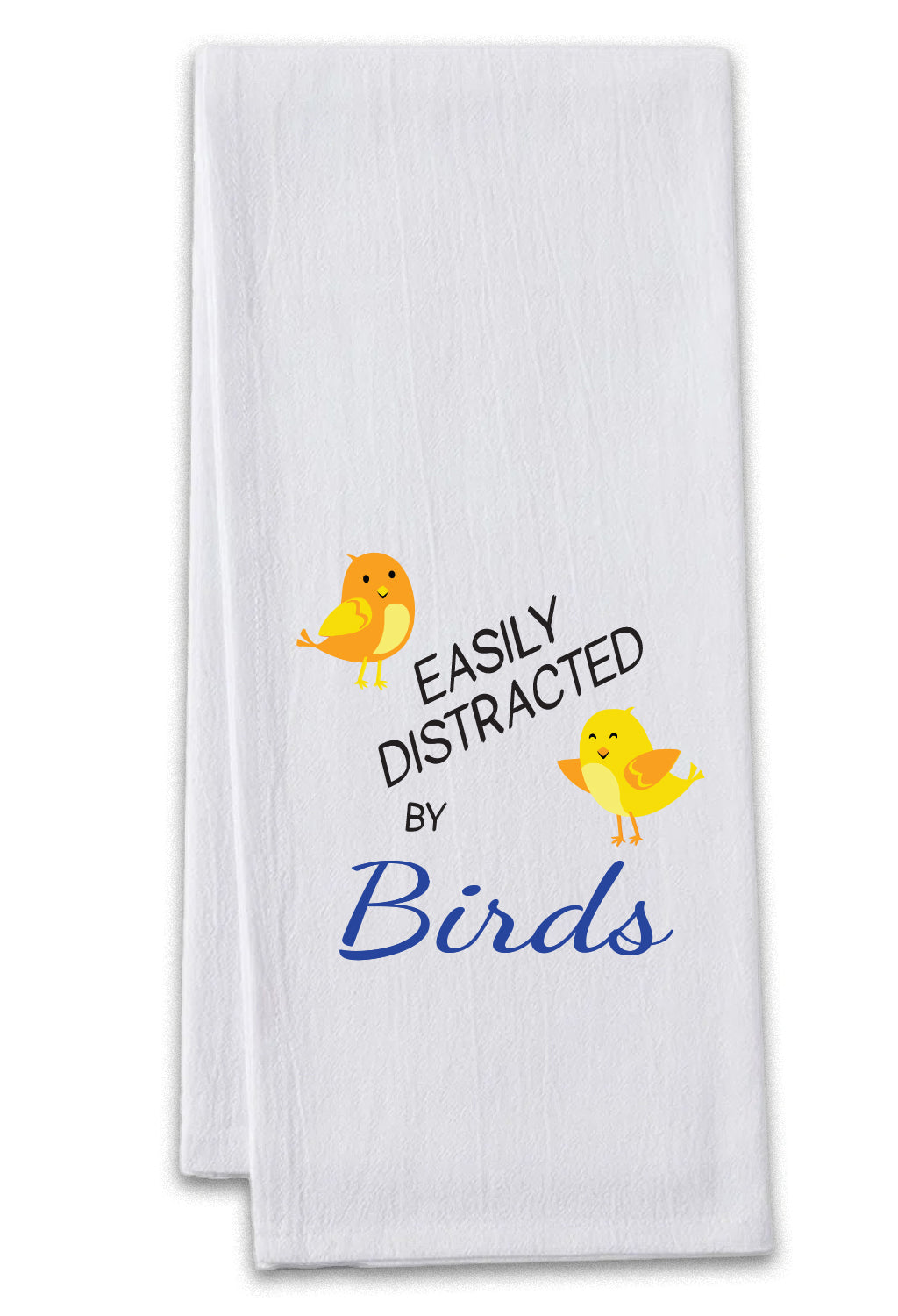 Bird themed cloth bag with two kitchen floursack towels featuring whimsical bird designs, ideal for bird lovers.