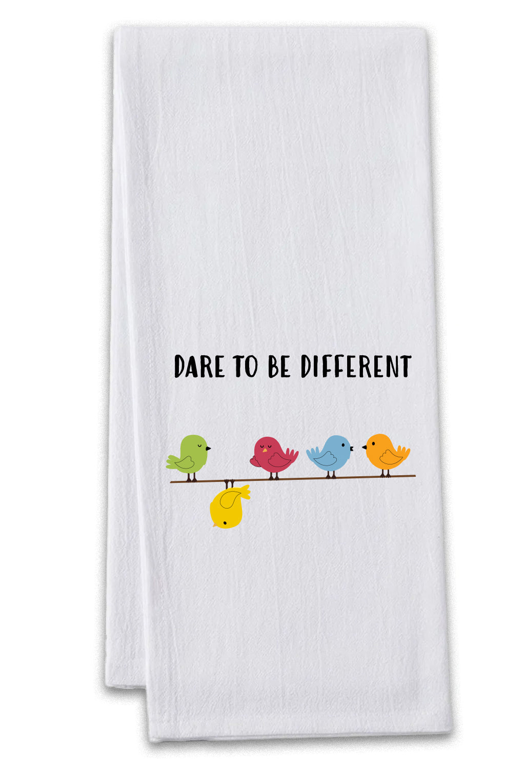 Bird themed cloth bag with two flour sack towels featuring colorful birds and &quot;Dare to Be Different&quot; design.