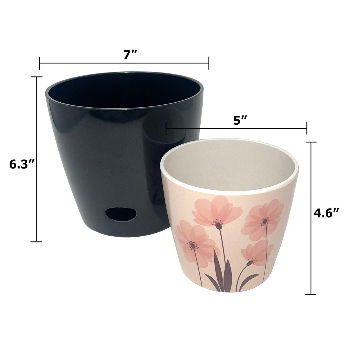 Self-watering plant pot set, eco-friendly biodegradable bamboo fiber, 5&quot; pink flower and 7&quot; black solid.