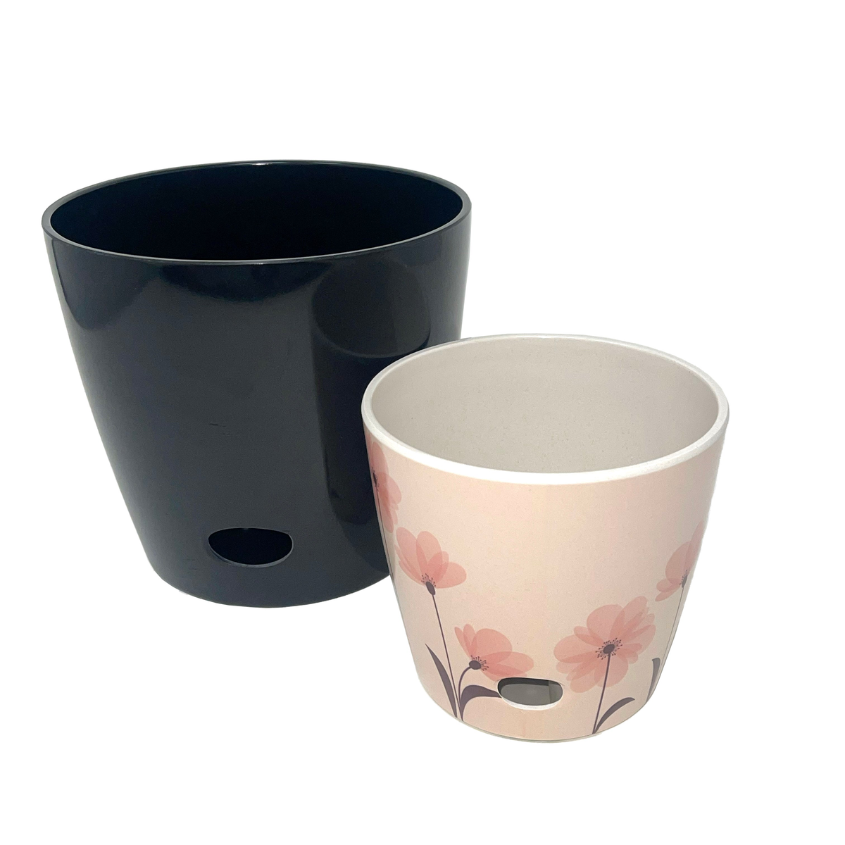 Self-watering plant pots set of 2, 5&quot; pink flower design and 7&quot; black solid eco-friendly bamboo fiber.