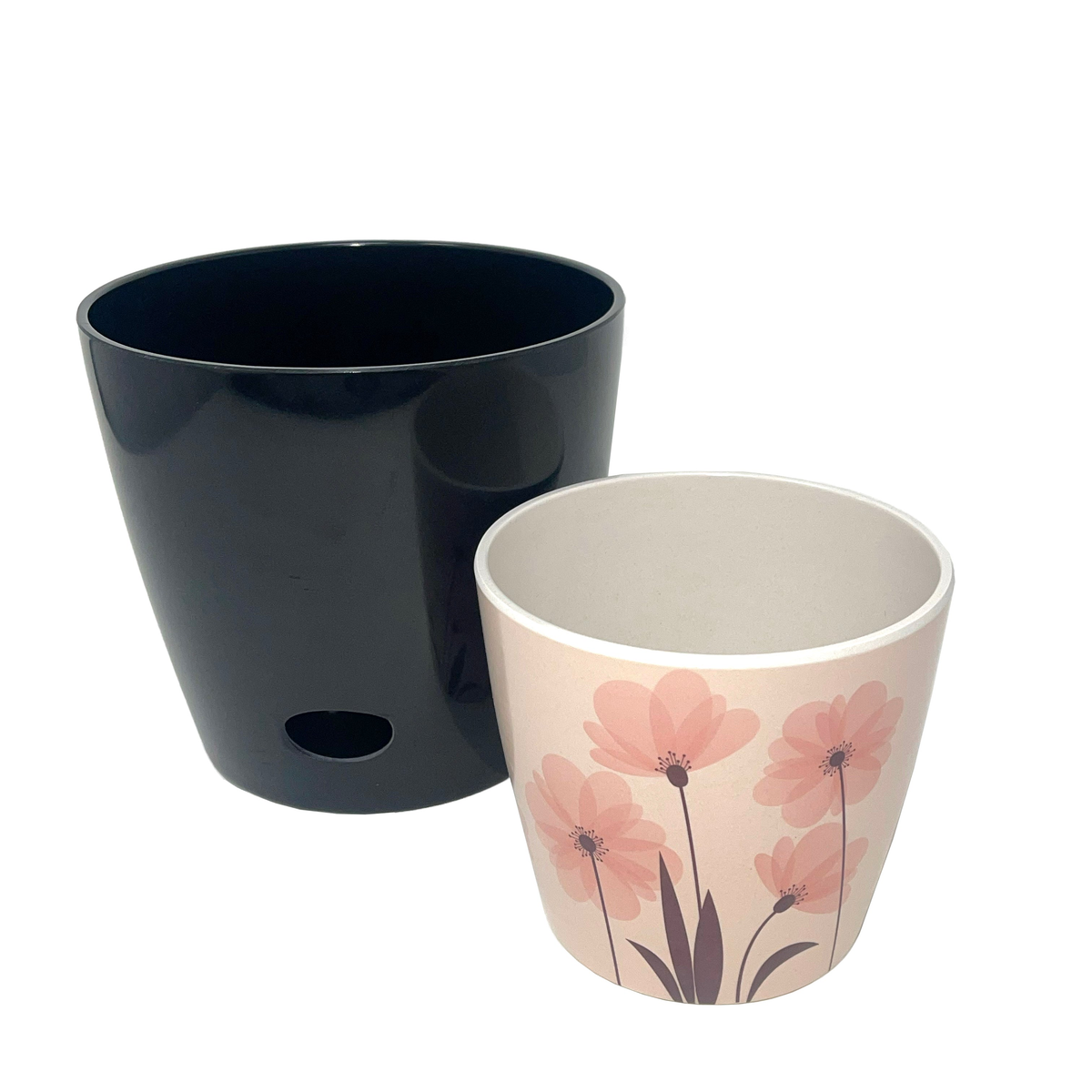 Self-watering plant pot set of 2, featuring a 5&quot; pink flower design and 7&quot; black solid pot made of eco-friendly bamboo fiber.