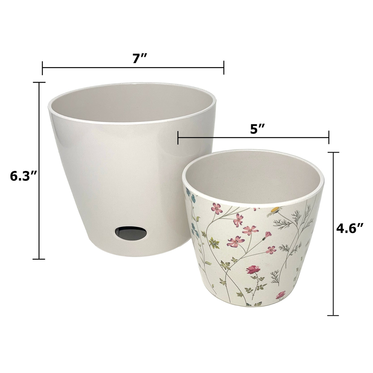 Set of 2 self-watering plant pots, 5&quot; wildflower and 7&quot; cream, made from eco-friendly bamboo fiber.