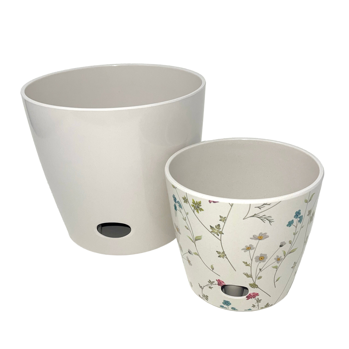 Self-watering plant pot set of 2 in 5&quot; wildflower and 7&quot; cream, eco-friendly bamboo fiber, biodegradable, ideal for indoor/outdoor use.