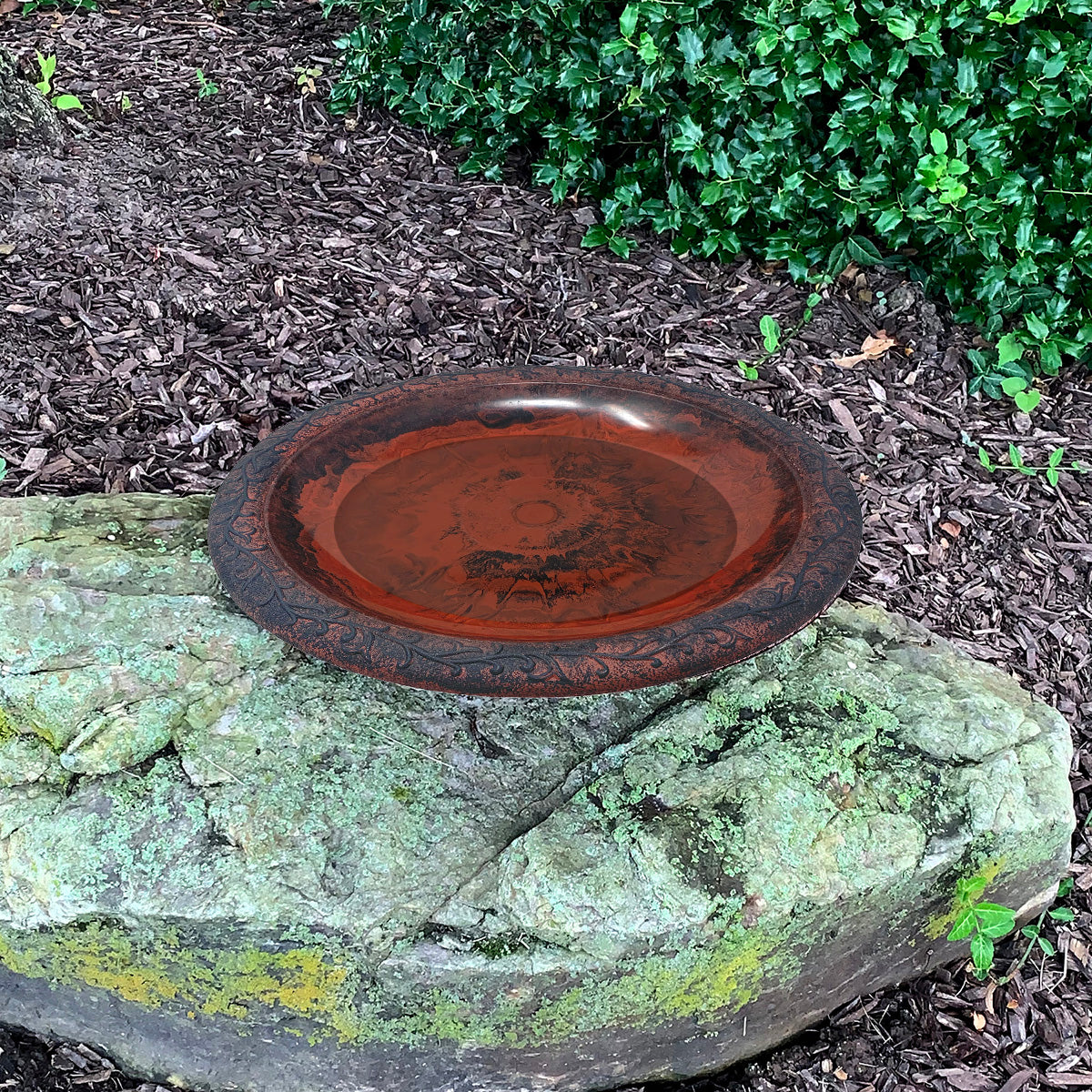 Fiber Clay Lightweight 19&quot; Dia Birdbath Top in Red/Charcoal with Design Rim on stone surface.