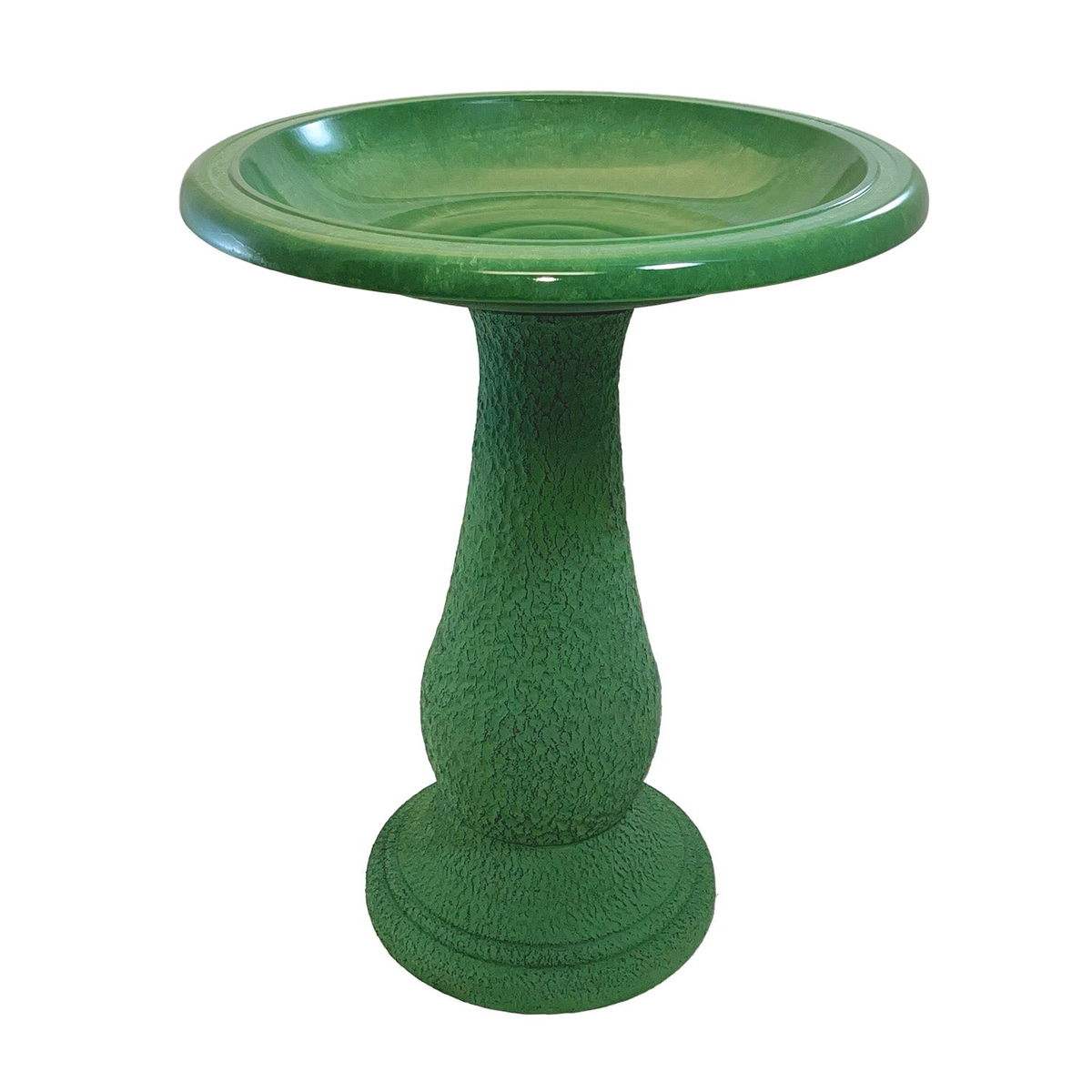 Fiber clay birdbath in kale green, 24-inch height, ceramic-like appearance, UV-protected and stain-resistant, ideal for gardens.