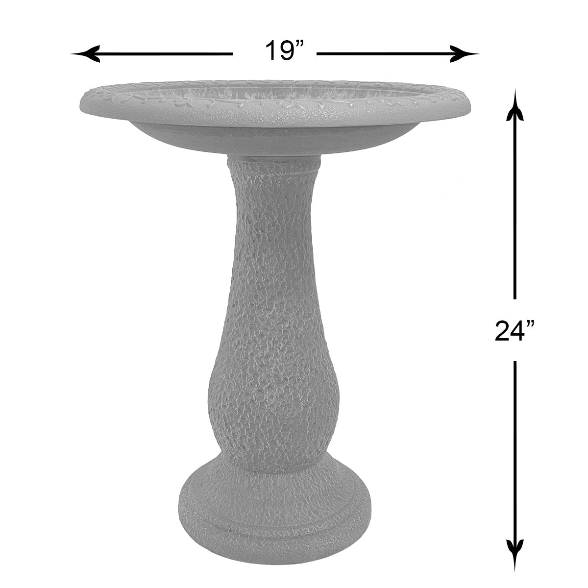 Fiber Clay 24&quot; birdbath with red and charcoal design, 19&quot; diameter, 24&quot; height, threaded rim, sturdy hollow base.