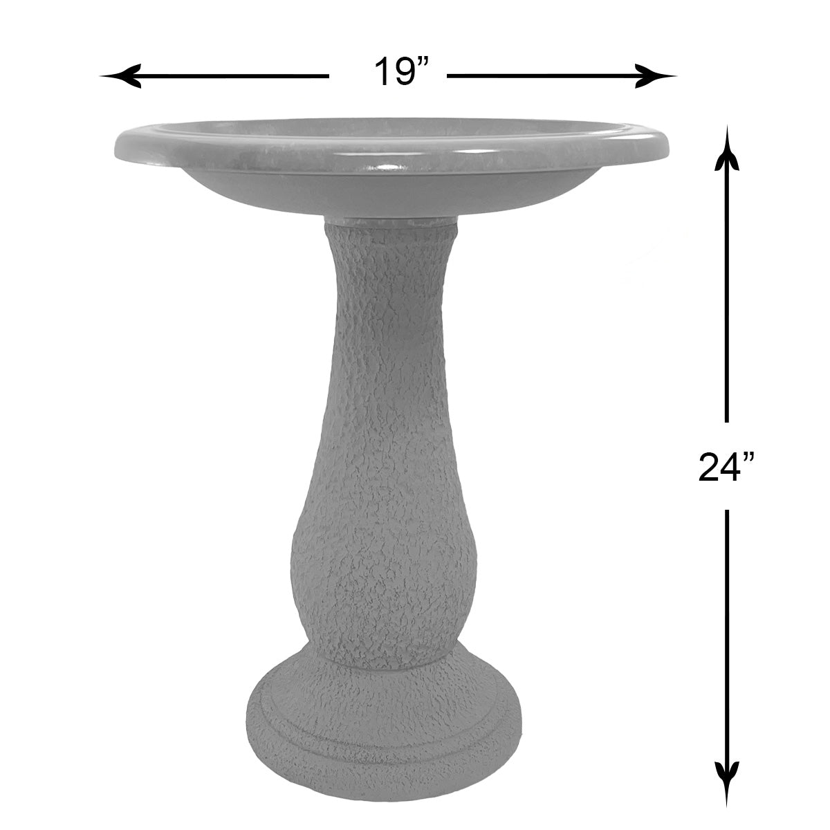 Fiber clay birdbath in antique brown, 19&quot; diameter, 24&quot; height; sturdy design with UV protection.