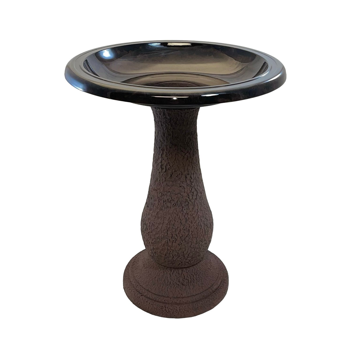 Antique brown birdbath with ceramic-like finish and fiber clay construction, 19&quot; diameter, 24&quot; height.