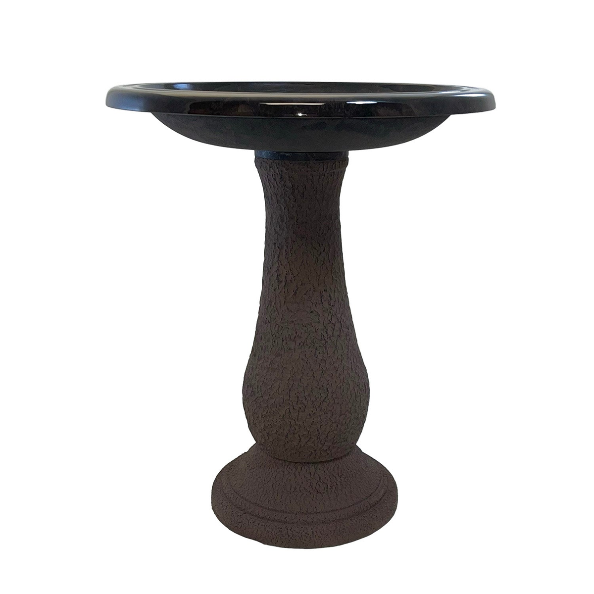 Antique brown birdbath made of fiber clay, 19&quot; diameter, 24&quot; height, for garden decor.