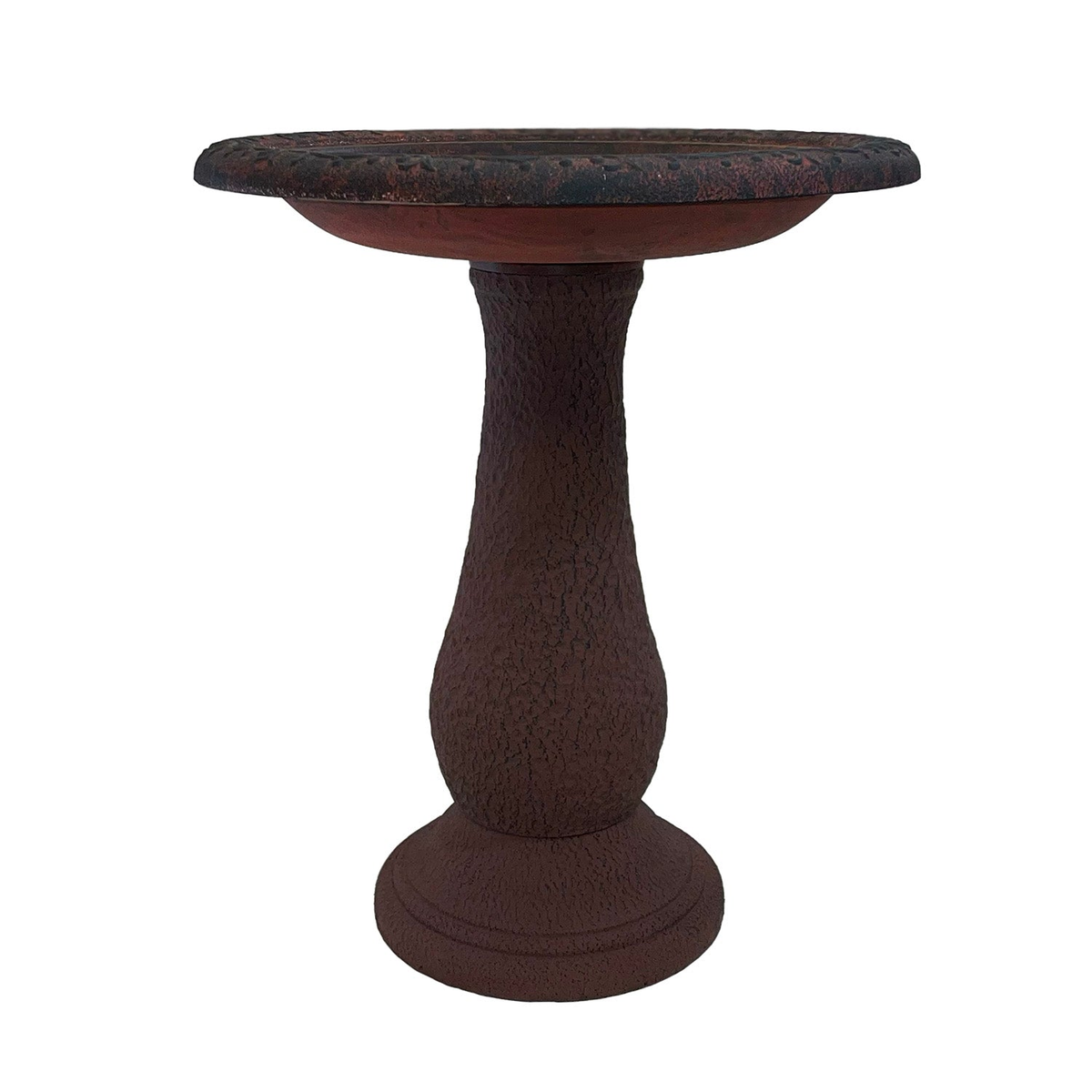 Fiber Clay 24&quot; birdbath, red and charcoal design, 19&quot;D x 24&quot;H, sturdy and weather-resistant.