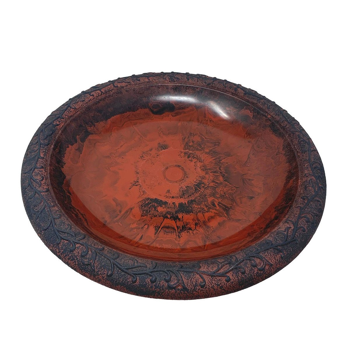 Fiber Clay 24&quot; red and charcoal birdbath with design rim, 19&quot; diameter by 24&quot; height.