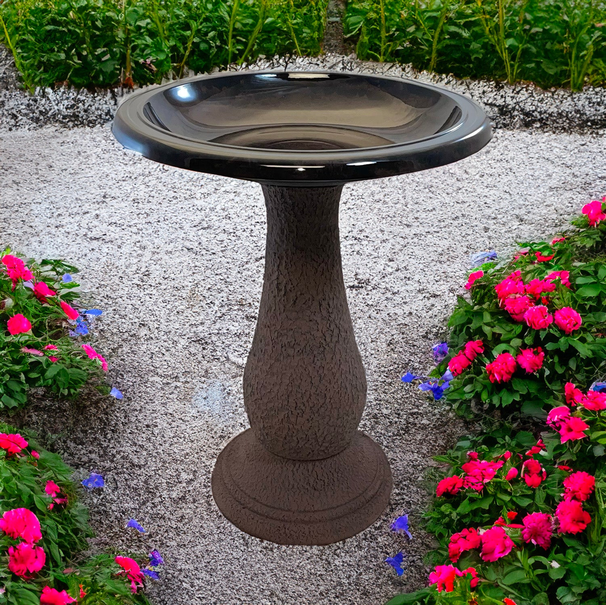 Fiber clay birdbath in antique brown, 24-inch height, 19-inch diameter, garden decor.